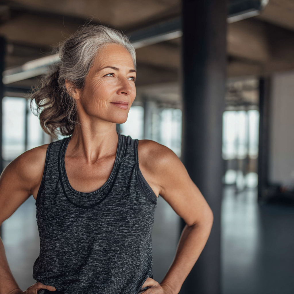 Middle-aged woman exercising with confidence in modern fitness space